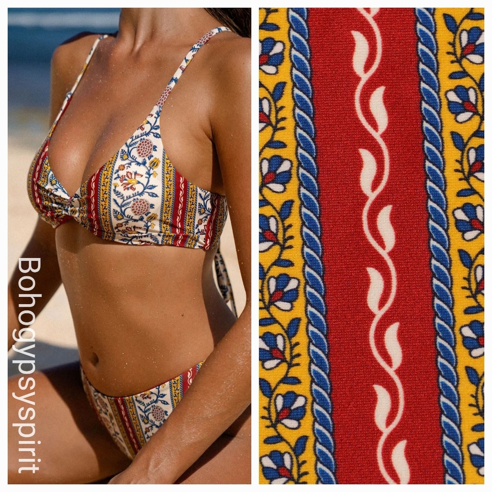 NWT $77 Berlook Red Reversible Floral Bikini Set, Medium